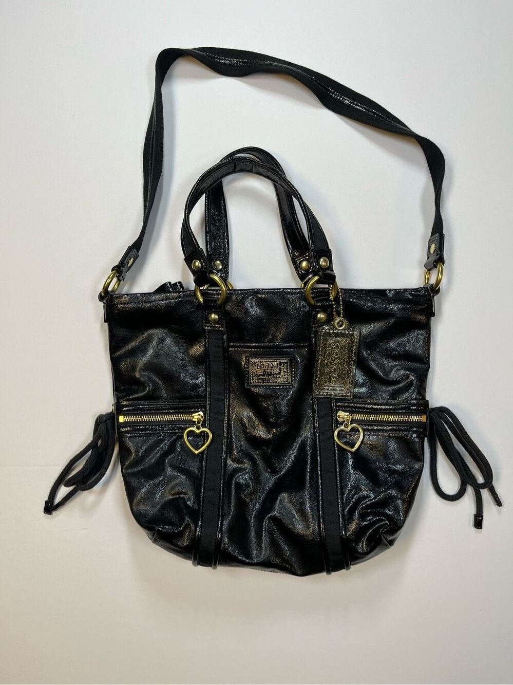 Coach Poppy Daisy Liquid Gloss Patent Leather Tote F20047 Black Crossbody Bag